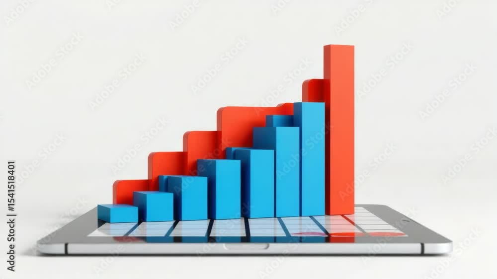 Poster a 3d bar chart with blue and red columns emerges from a tablet screen, symbolizing digital data anal