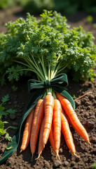 Fresh juicy carrots with green tops tied with a festive ribbon and bow against a sun-drenched vegetable garden.