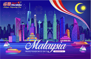 68th years Malaysia Independence Day 2025 concept  design with beautiful night panorama of Kuala Lumpur city skyline. Isolated Kuala Lumpur Malaysia landmarks, architecture, cityscape, skyline. 