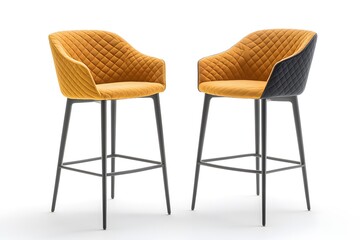 Yellow 2 high bar beautiful chairs or armchairs. Interior design concept. Isolated object on white background