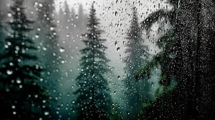 Obraz premium Atmospheric Tranquility with Rain-Kissed Window Overlooking a Serene Forest of Evergreen Trees