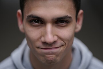 Young man with a confident smile, wearing a gray hoodie, is posing for a close-up portrait, showcasing a relaxed expression and engaging demeanor, capturing youthful energy