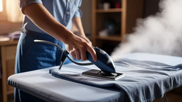 Person ironing a shirt, focused mood, using a steam iron on a clothes ironing board
