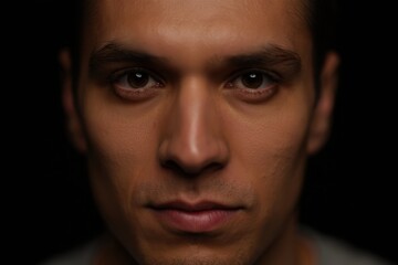 Obraz premium Close-up portrait of a serious young man with dark hair and intense gaze, showcasing strong facial features and smooth skin, emphasizing emotional depth and character