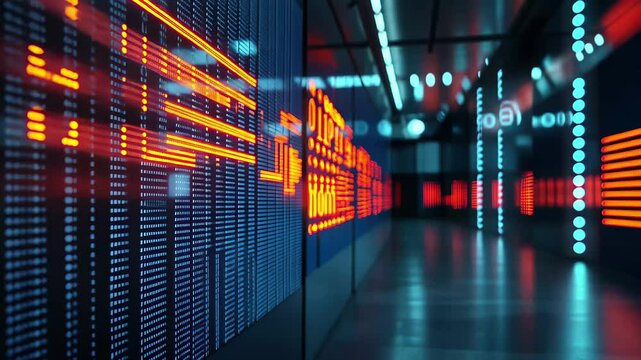 Fictional stock market tickers illuminated in vibrant colors, showcasing financial data in a futuristic environment, Stock market fictional tickers 3D render