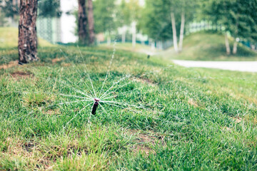 Abandoned sprinkler on the grass in the city park.
