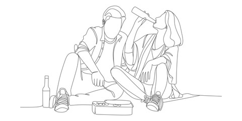 Couple Enjoying Wine Picnic – Minimalist Continuous‑Line Vector Illustration