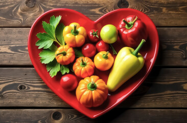 Top view of various vegetables lying on a red heart-shaped plate on a rustic wooden background.