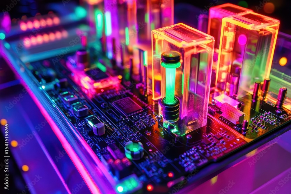Poster colorful illuminated circuit board with glowing components and vibrant lights at a technology event 