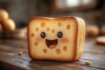 Cute smiling bread character with joyful expression in a cozy kitchen setting