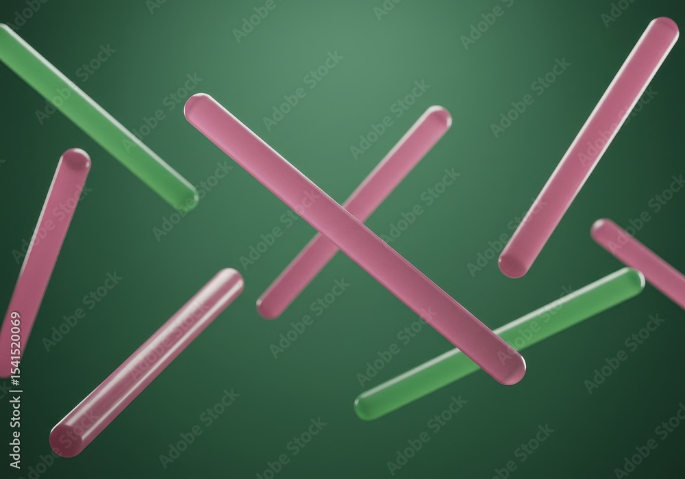 Poster pink and green cylinders float against a dark green background creating an abstract composition