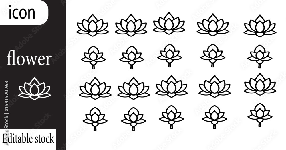 Poster a pattern of lotus flower icons in black and white with text labels and editable stock information s