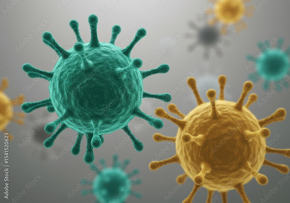 Poster microscopic view of viruses, showing detailed 3d renderings of various cells and their complex struc