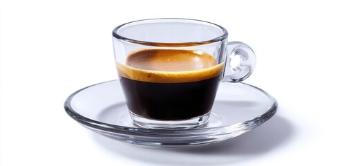 The elegant glass cup of rich espresso on a saucer.
