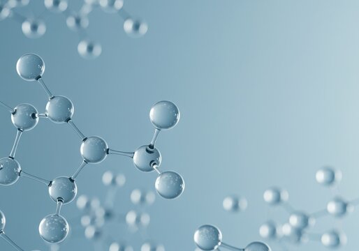 Abstract 3d rendering of a molecule structure with atoms connected by bonds against a blue background - Powered by Adobe
