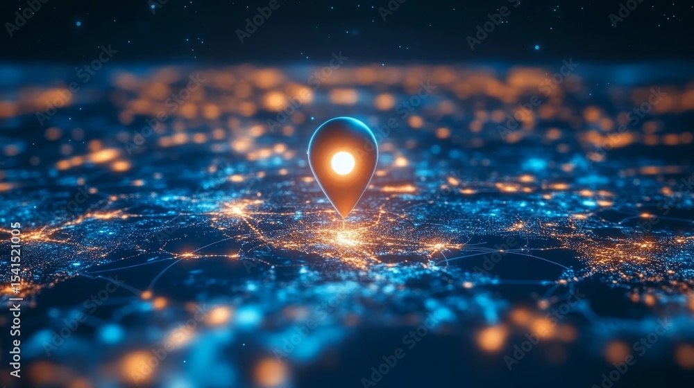 Poster geoinformatics visualization with navigation pins on city light network and location insights