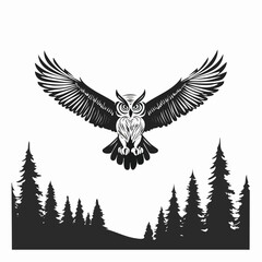 A majestic Owl soaring over a lush forest landscape image vector.