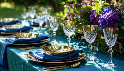 A richly styled tabletop with garnet crystal bowls, topaz linens, and lush violet foliage under diffused morning light. 