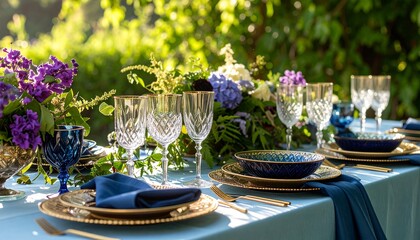 A richly styled tabletop with garnet crystal bowls, topaz linens, and lush violet foliage under diffused morning light. 