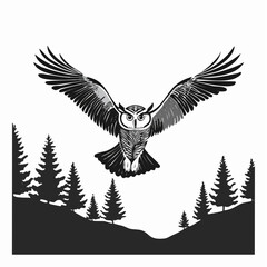 Obraz premium A majestic Owl soaring over a lush forest landscape image vector.