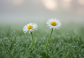 Two daisies stand tall in a dewy field of grass on a misty morning