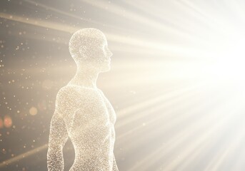 A glowing man figure is composed of particles of light, standing against a radiant background