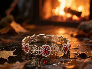 A golden spiderweb bracelet, adorned with sparkling red and white gemstones, rests on a damp, dark surface with fallen leaves. A warm fireplace glows in the background.