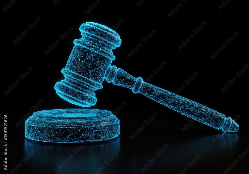 Poster a digital gavel and sound block are shown in a glowing blue network design