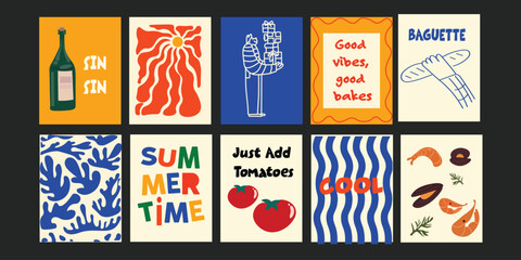 Playful banner designs with short, punchy food-related slogans like “Just add tomatoes” and “Good vibes, good bakes.” Designed for food blogs, menus, or stock use.
