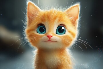 Cute orange kitten with big blue eyes looking directly at the viewer in a soft, light-filled environment