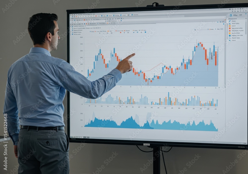 Aufkleber a businessman gives a presentation using a large screen displaying a detailed financial graph