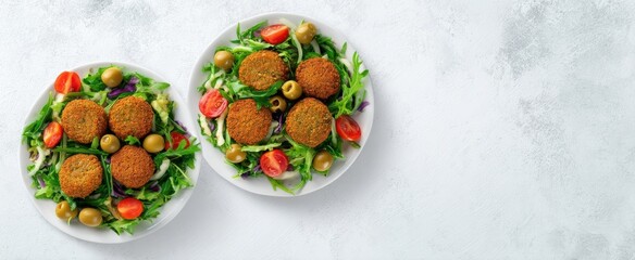 The colorful plates of falafel served with fresh salad and vegetables.