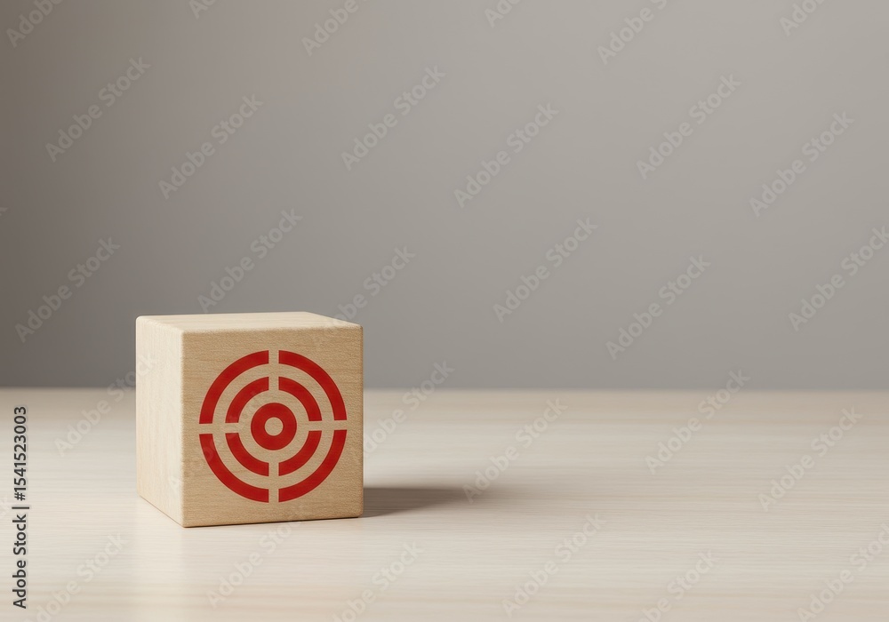 Poster a red target symbol is printed on a small wooden cube sitting on a table