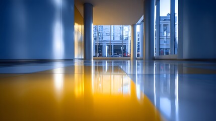 Modern interior hallway with reflective flooring, bright yellow accents, and large windows showcasing a city view