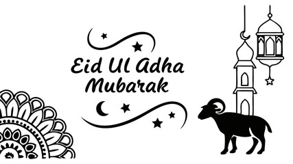 Illustration of eid ul adha mubarak with a ram, mosque, lantern, crescent moon, stars and floral design element