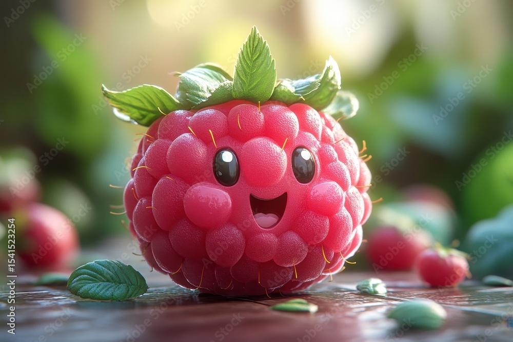 Poster cute raspberry character with a joyful expression in a natural setting surrounded by foliage and oth