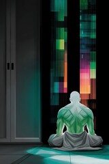 Digital Guardian Meditates Amidst Ethereal Azure Data Streams