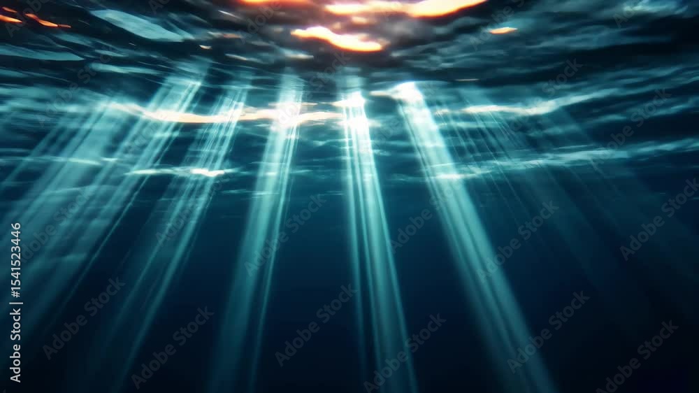 Poster underwater glow rays illuminate smooth waves at dusk in serene ocean environment, underwater glow ra