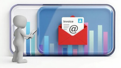 A 3D figure interacts with a mobile device in front of a digital invoice displayed inside an email envelope, with bar graphs in the background. - Powered by Adobe