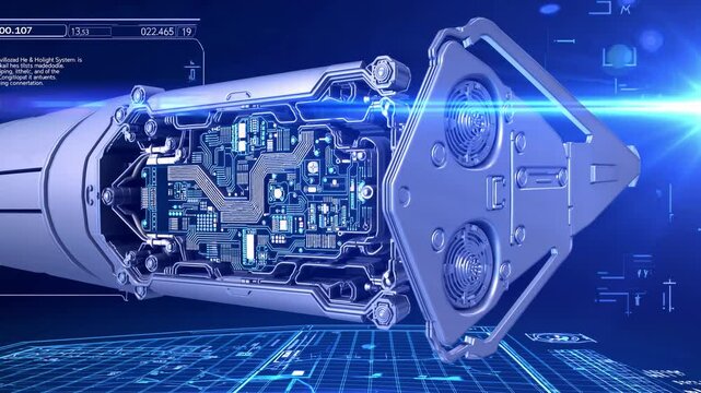 Futuristic spacecraft indepth exploration with digital interface animation and technology details