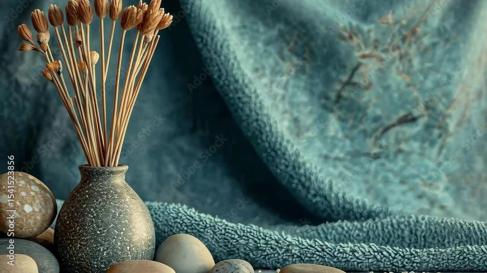Poster relaxing spa setting featuring aromatic sticks and smooth stones for a calming atmosphere, spa setti