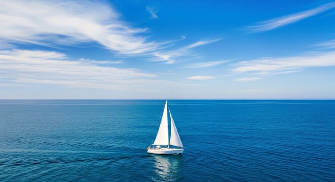 A serene image of a white boat gently floating on a calm blue ocean, under a clear blue sky. This evokes feelings of peace, freedom, and tranquil marine travel.