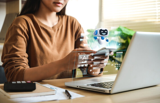 Hand drawn icons. People using laptops with AI assistants for graphic design, translation, chatbots, visualization, coding, and advertising. - Powered by Adobe