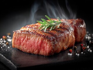 Juicy Grilled Wagyu Steak With Fresh Herbs on a Black Stone Surface