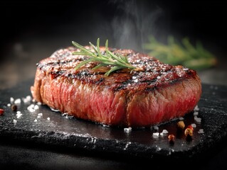 Juicy Grilled Wagyu Steak With Fresh Herbs on a Black Stone Surface