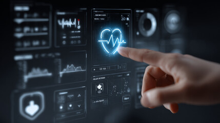 Hand Selecting Glowing Pulse Monitor in Health Tech Interface. Generative AI