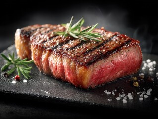 Juicy Grilled Wagyu Steak With Fresh Herbs on a Black Stone Surface