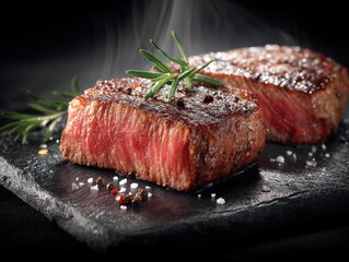 Juicy Grilled Wagyu Steak With Fresh Herbs on a Black Stone Surface