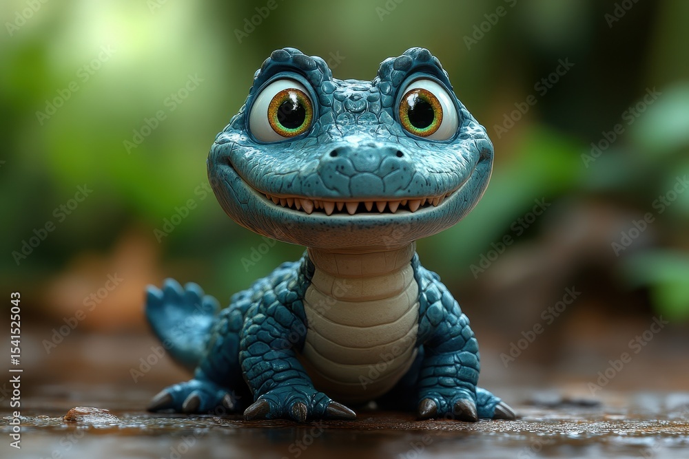 Aufkleber colorful animated reptile character posing on a natural surface in a forest setting during the dayti