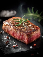 Juicy Grilled Wagyu Steak With Fresh Herbs on a Black Stone Surface